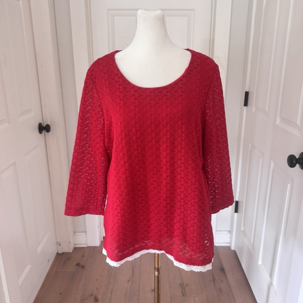 Allison Daley Bright Red Top Lined Semi-sheer Womens M Lace Mesh Stretchy Blouse